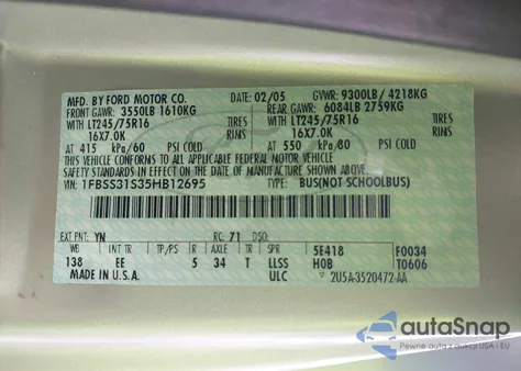 2005 Ford E-350 Super Duty Xl/Xlt из США, поврежденный, VIN 1FBSS31S35HB12695